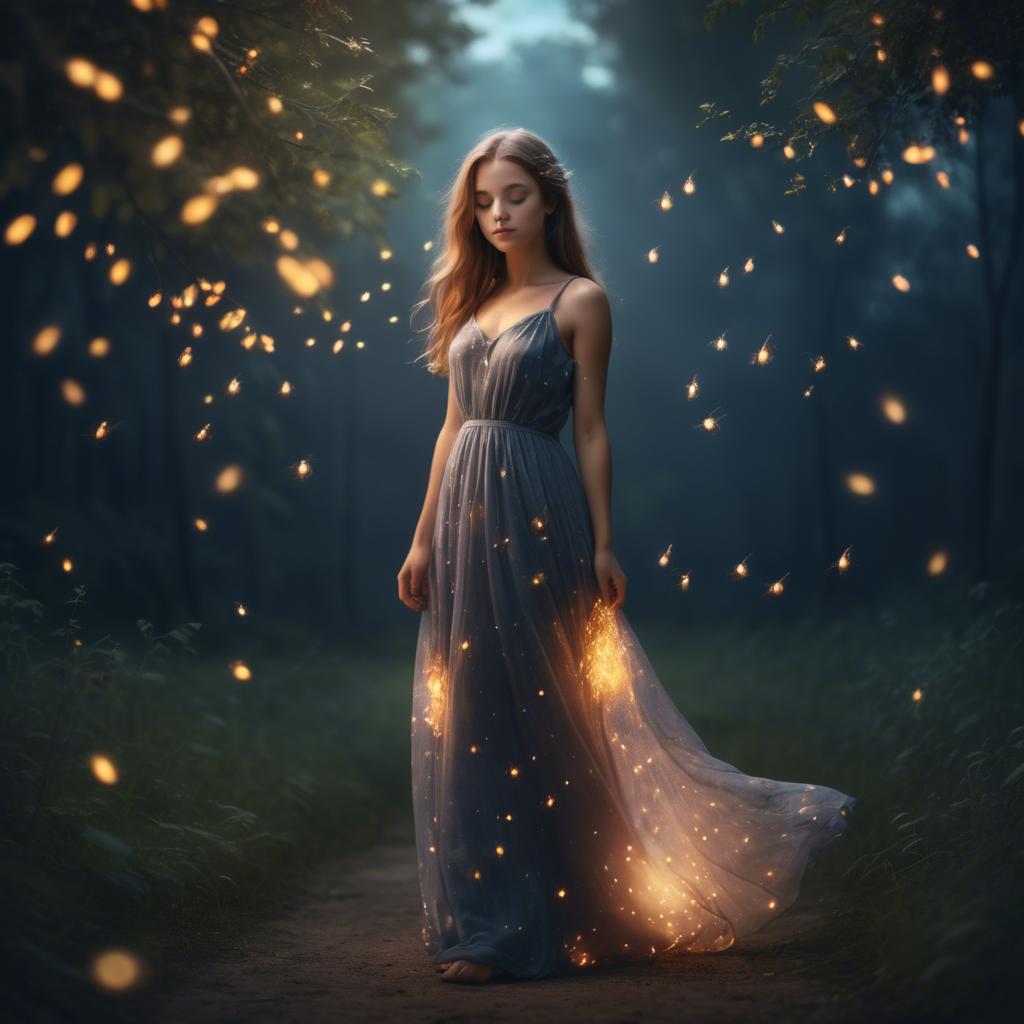 A stunning image of dreamy girl in a long dress with glowing fireflies.