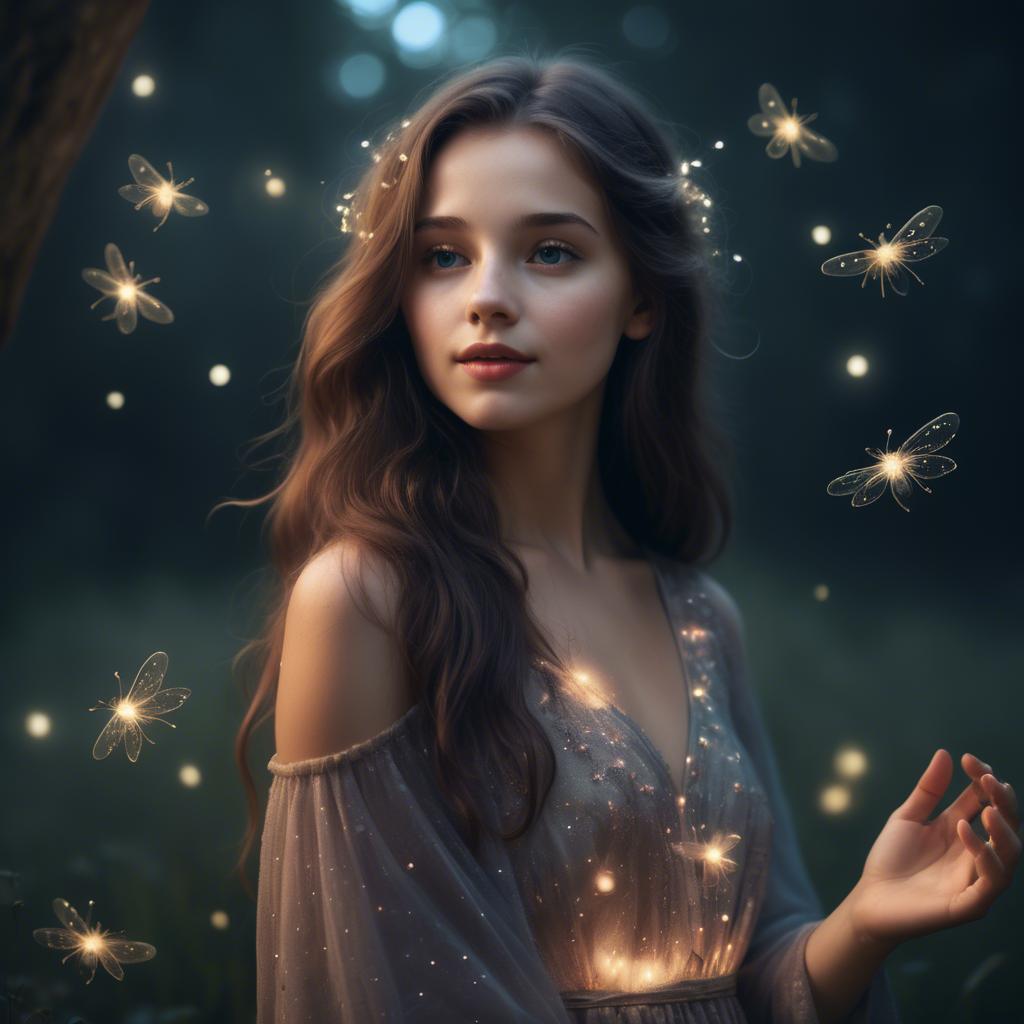 A stunning image of dreamy girl in a long dress with glowing fireflies.