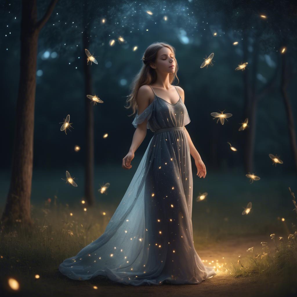 A stunning image of dreamy girl in a long dress with glowing fireflies.