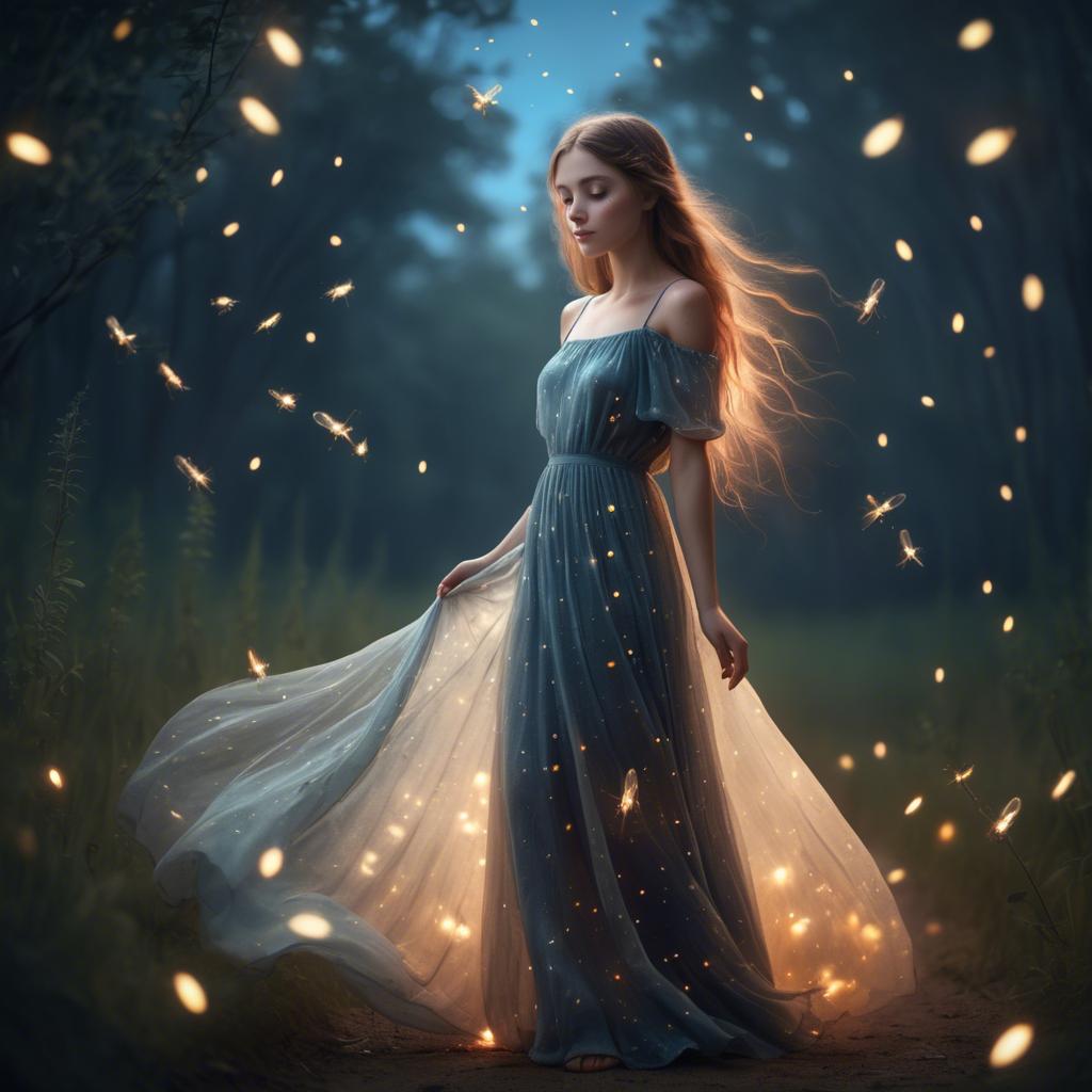 A stunning image of dreamy girl in a long dress with glowing fireflies.