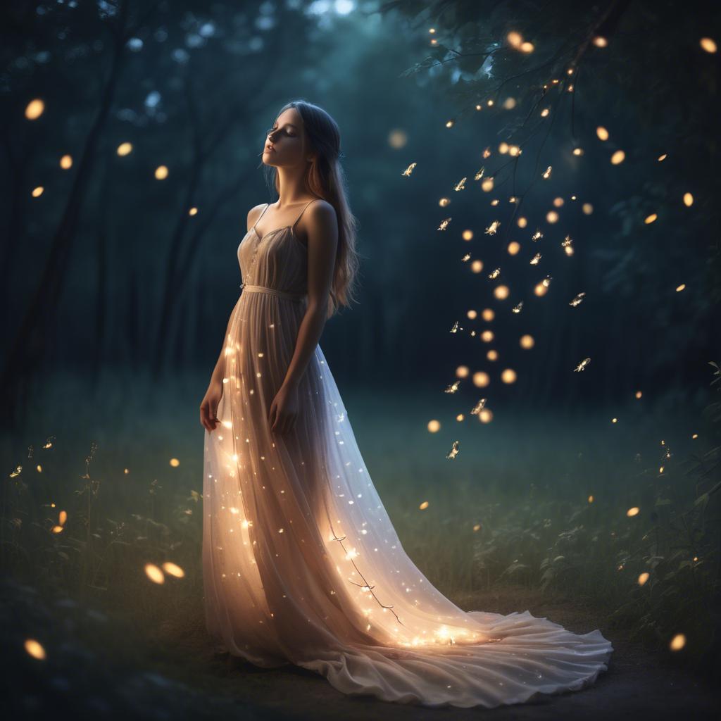A stunning image of dreamy girl in a long dress with glowing fireflies.