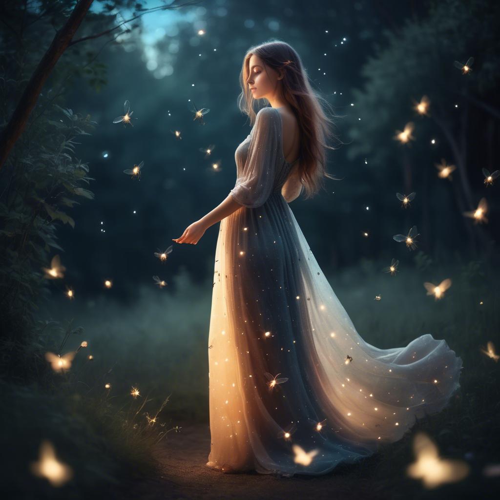 A stunning image of dreamy girl in a long dress with glowing fireflies.