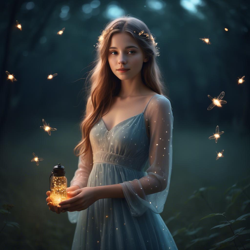A stunning image of dreamy girl in a long dress with glowing fireflies.