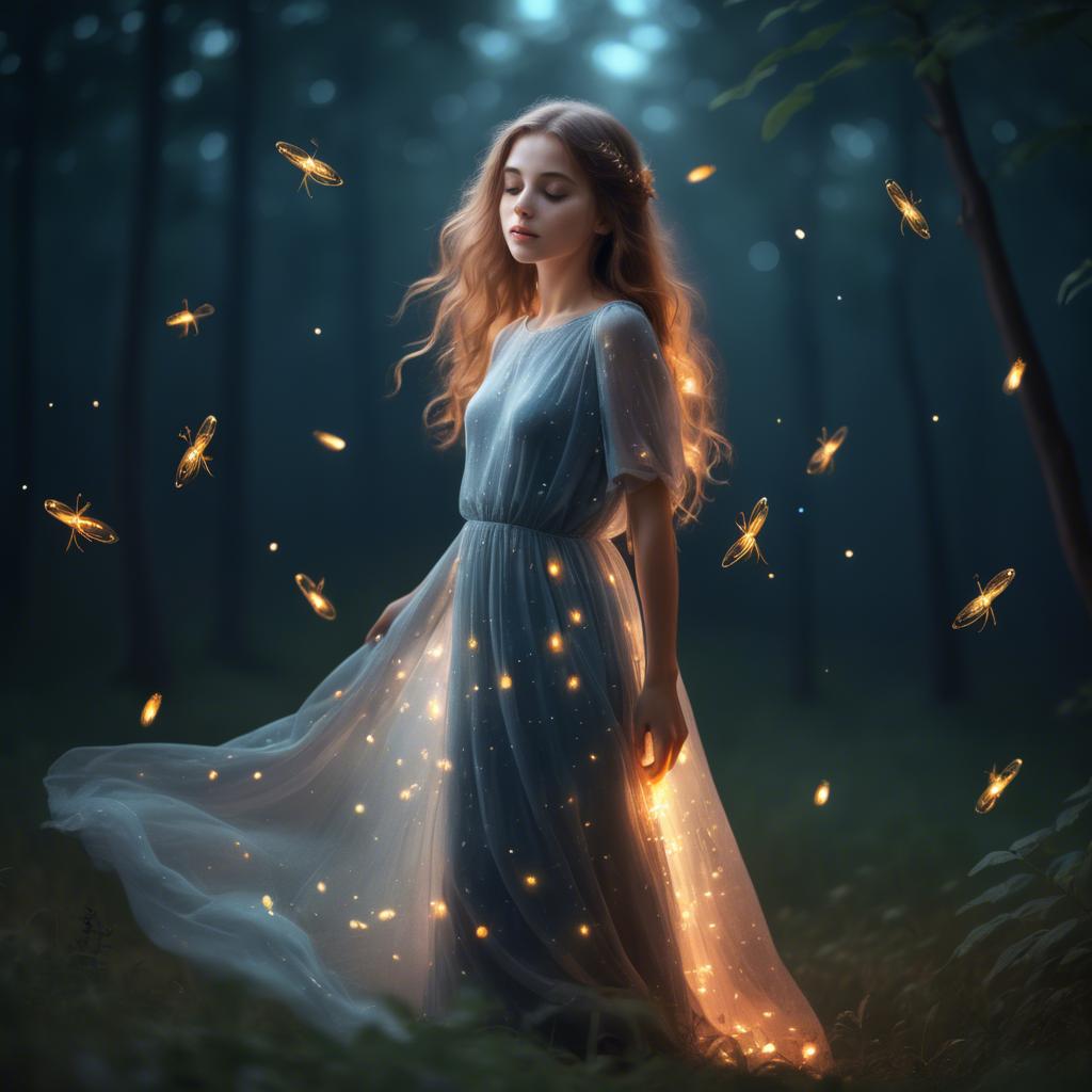 A stunning image of dreamy girl in a long dress with glowing fireflies.