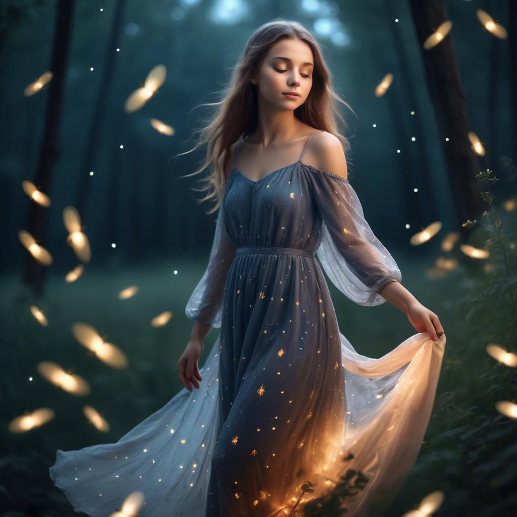 A stunning image of dreamy girl in a long dress with glowing fireflies.