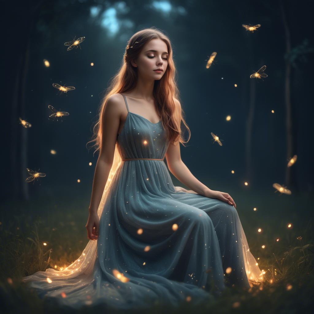 A stunning image of dreamy girl in a long dress with glowing fireflies.