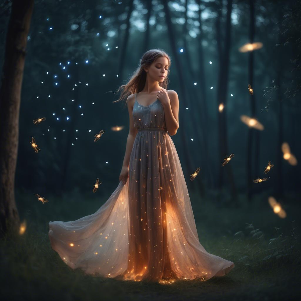 A stunning image of dreamy girl in a long dress with glowing fireflies.