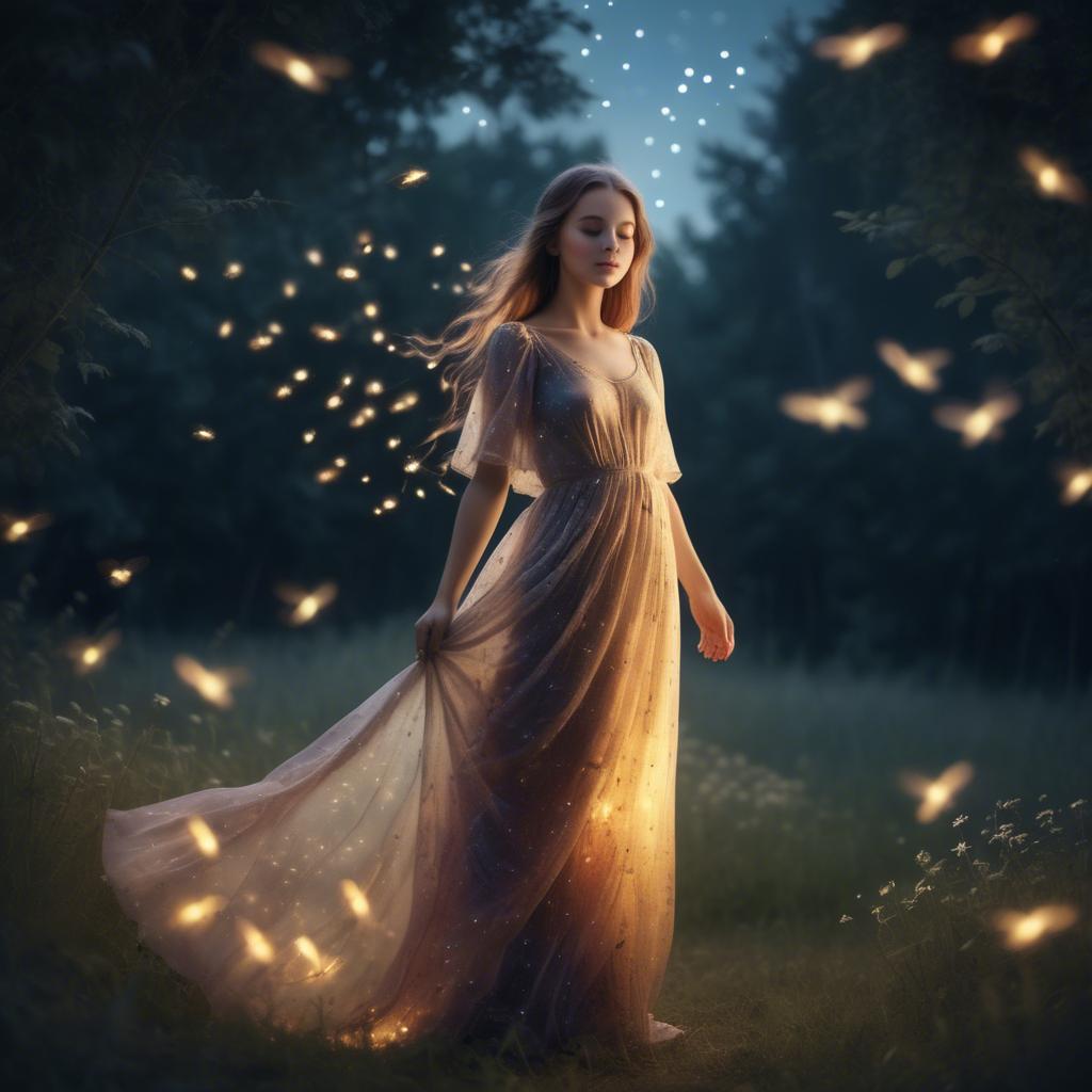 A stunning image of dreamy girl in a long dress with glowing fireflies.