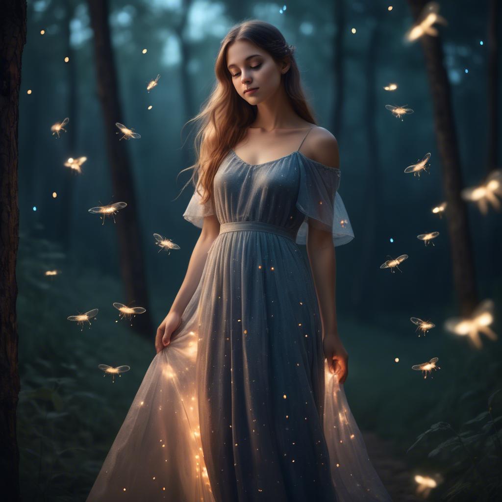 A stunning image of dreamy girl in a long dress with glowing fireflies.