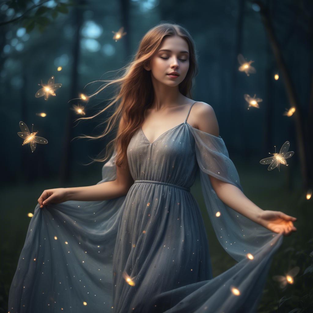 A stunning image of dreamy girl in a long dress with glowing fireflies.