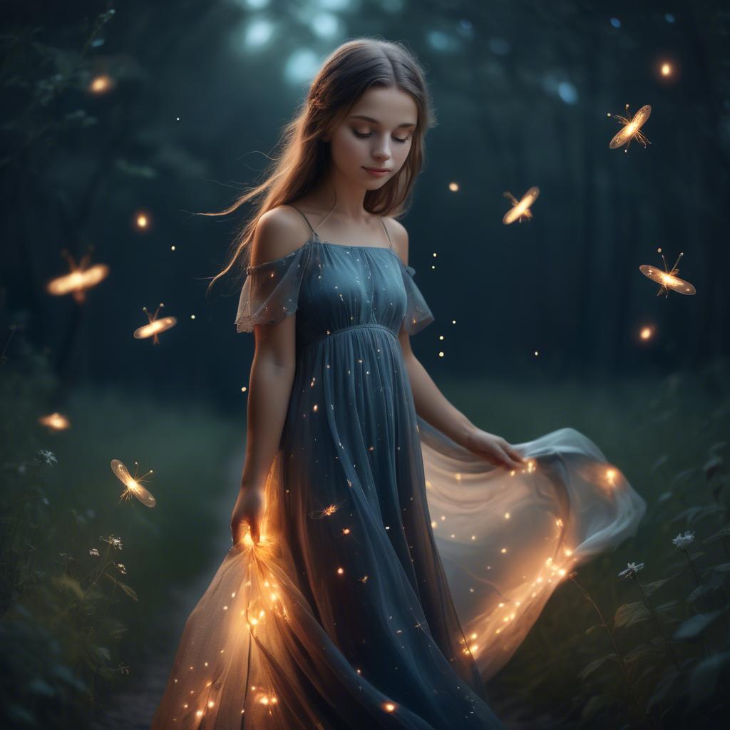 A stunning image of dreamy girl in a long dress with glowing fireflies.