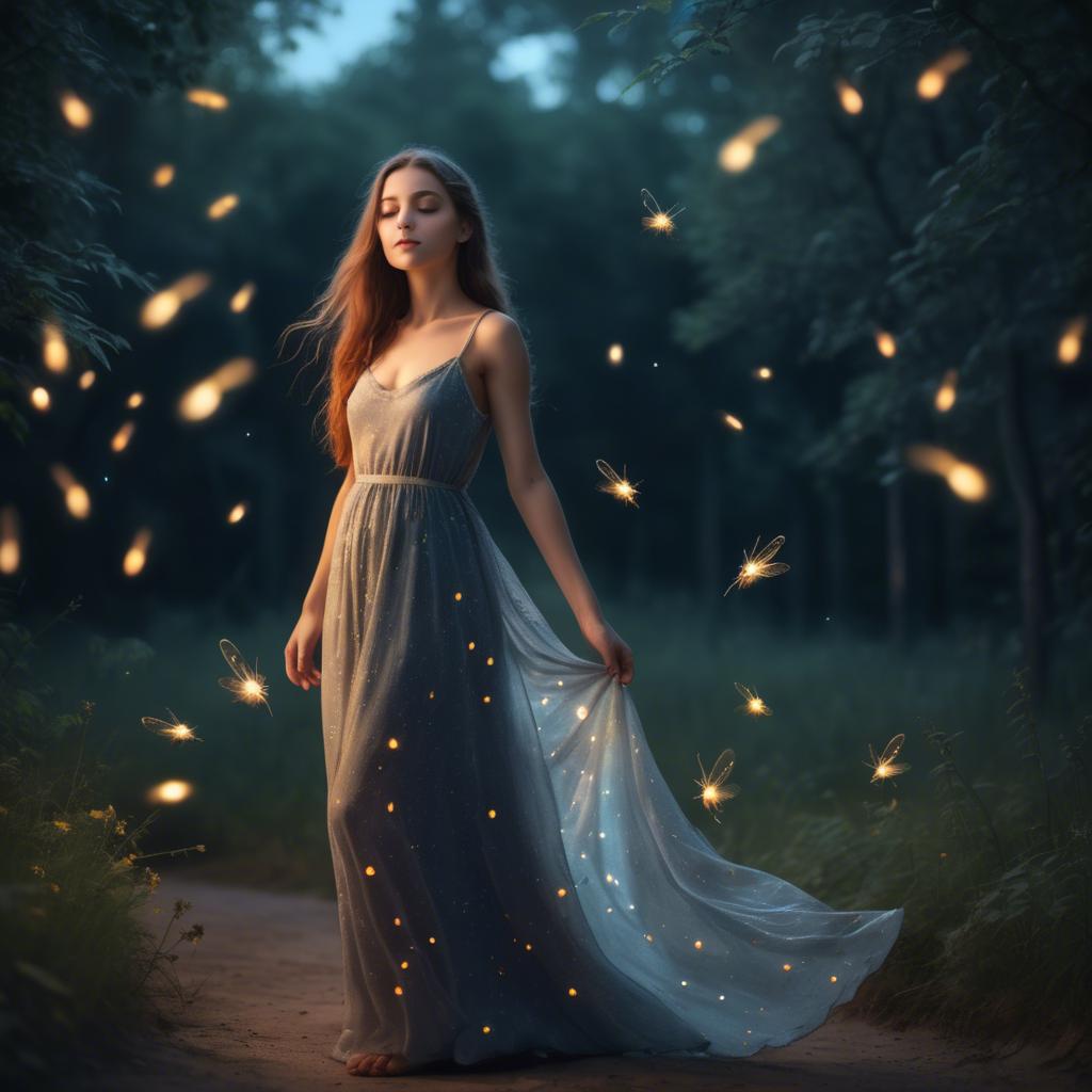 A stunning image of dreamy girl in a long dress with glowing fireflies.