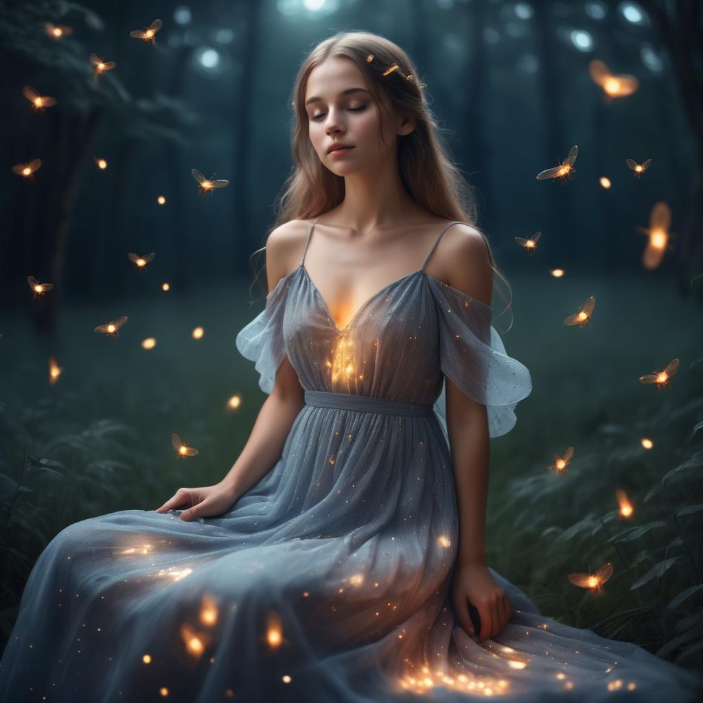 A stunning image of dreamy girl in a long dress with glowing fireflies.