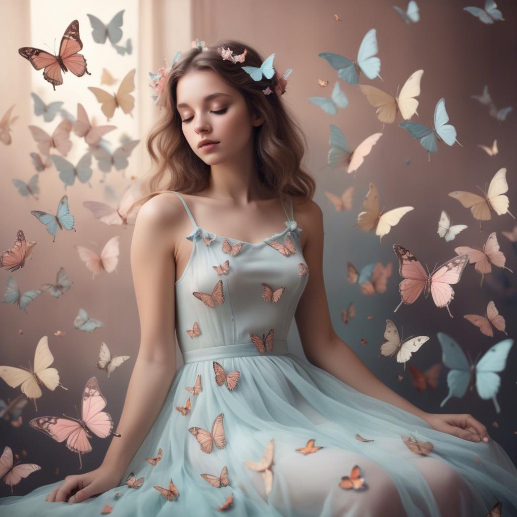 A stunning image of dreamy girl in a pastel dress surrounded by butterflies.
