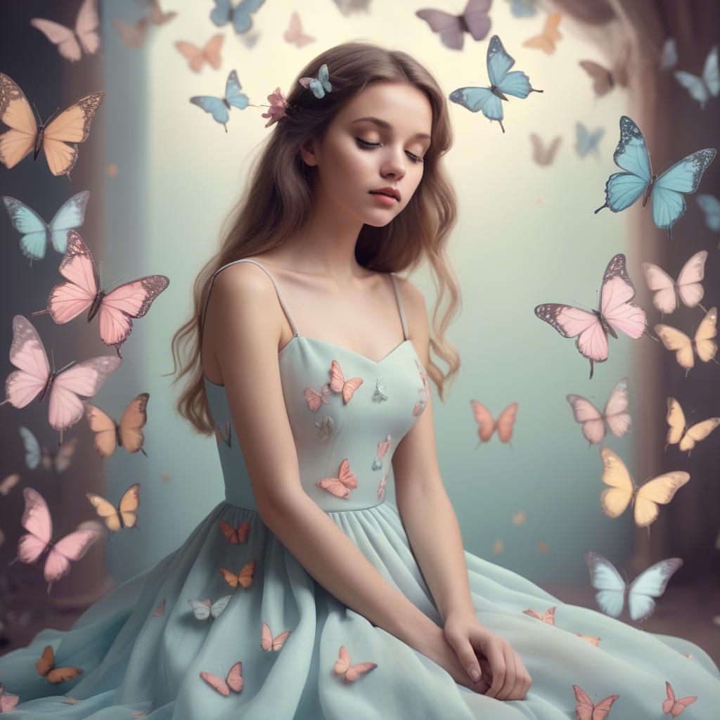 A stunning image of dreamy girl in a pastel dress surrounded by butterflies.