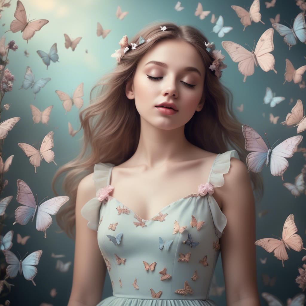 A stunning image of dreamy girl in a pastel dress surrounded by butterflies.