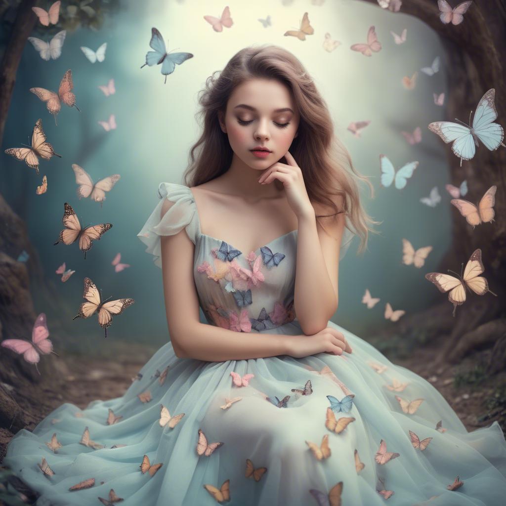A stunning image of dreamy girl in a pastel dress surrounded by butterflies.