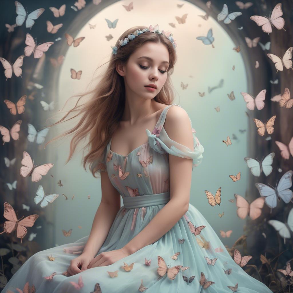 A stunning image of dreamy girl in a pastel dress surrounded by butterflies.