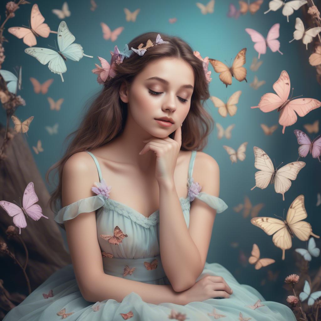 A stunning image of dreamy girl in a pastel dress surrounded by butterflies.
