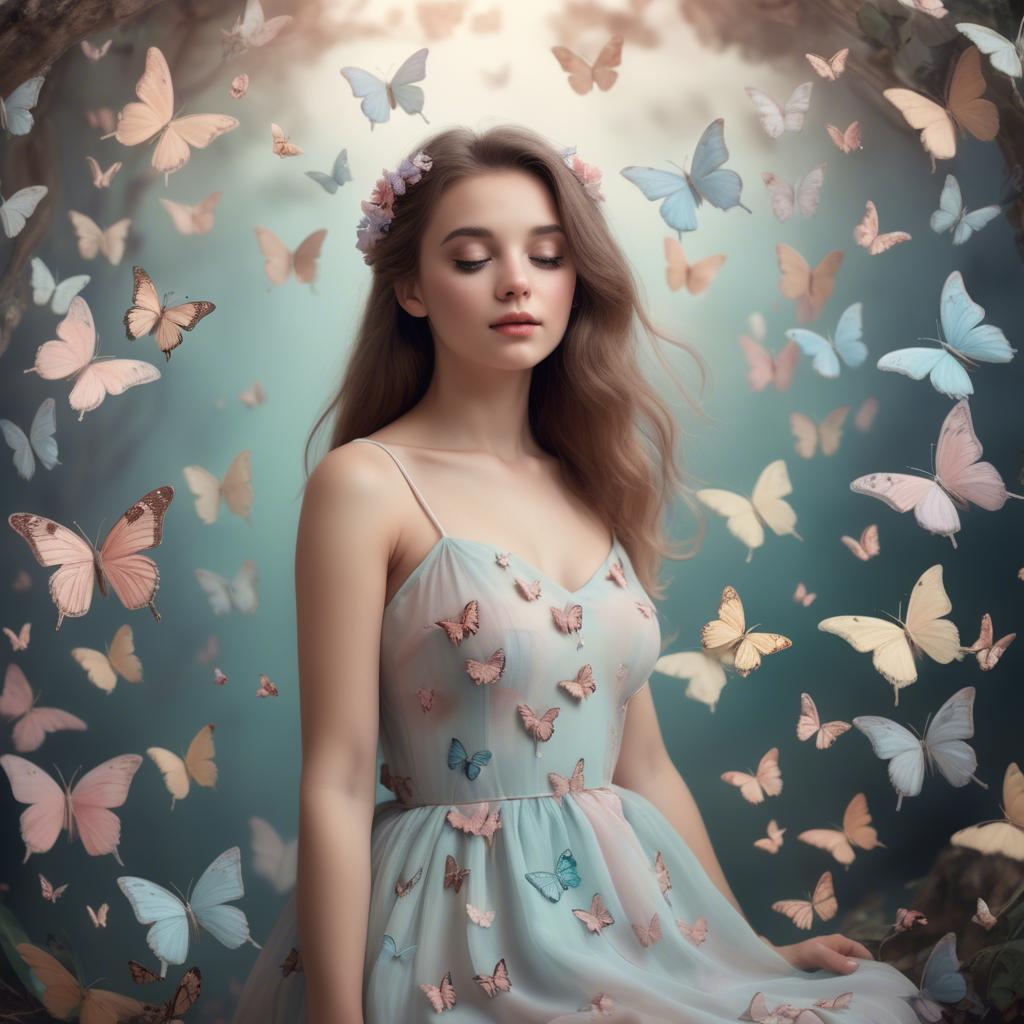 A stunning image of dreamy girl in a pastel dress surrounded by butterflies.