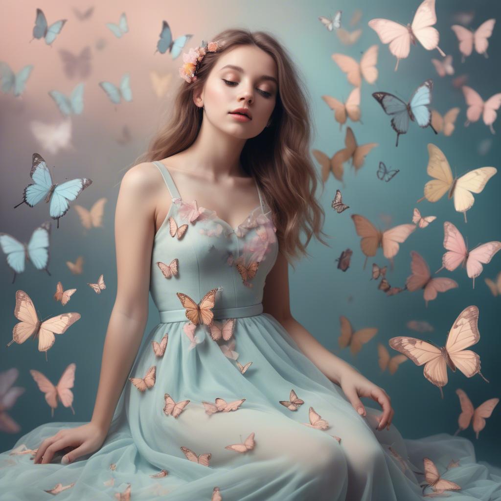 A stunning image of dreamy girl in a pastel dress surrounded by butterflies.