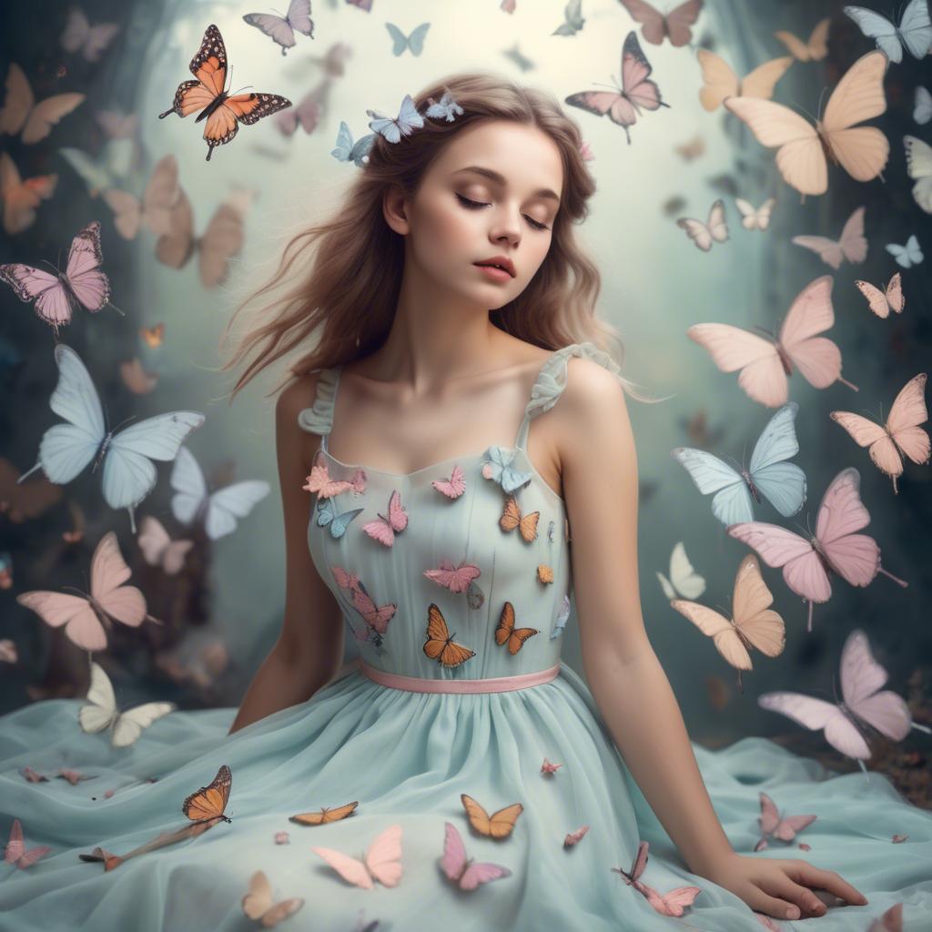 A stunning image of dreamy girl in a pastel dress surrounded by butterflies.