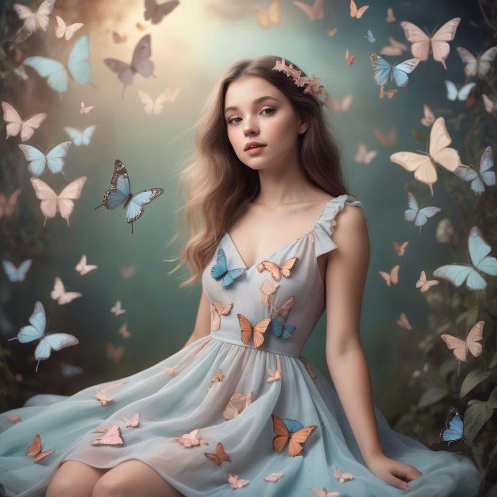 A stunning image of dreamy girl in a pastel dress surrounded by butterflies.