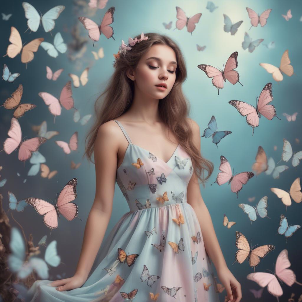 A stunning image of dreamy girl in a pastel dress surrounded by butterflies.