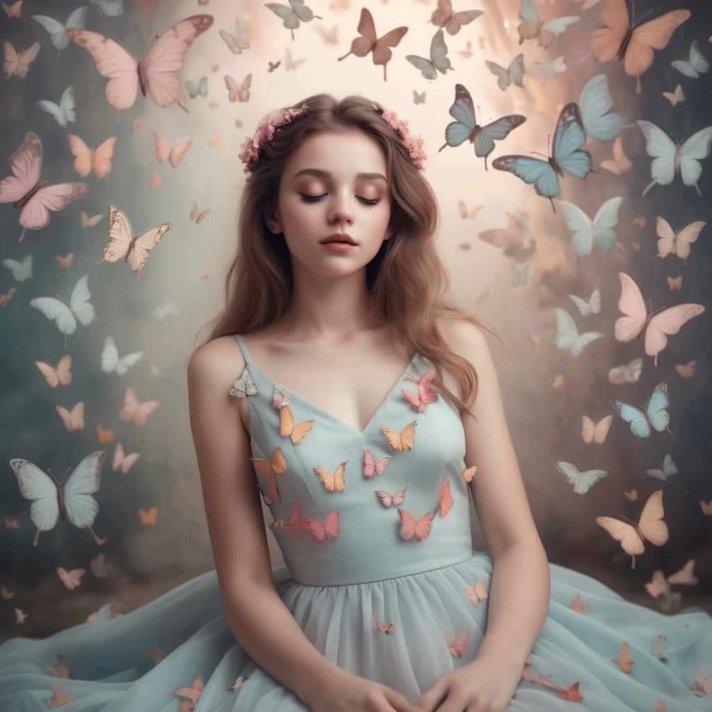 A stunning image of dreamy girl in a pastel dress surrounded by butterflies.