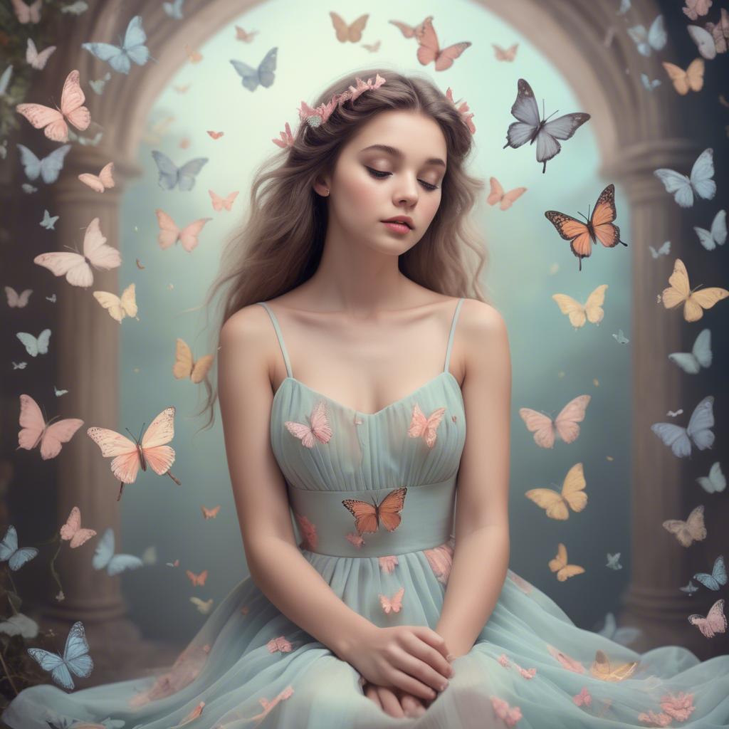 A stunning image of dreamy girl in a pastel dress surrounded by butterflies.