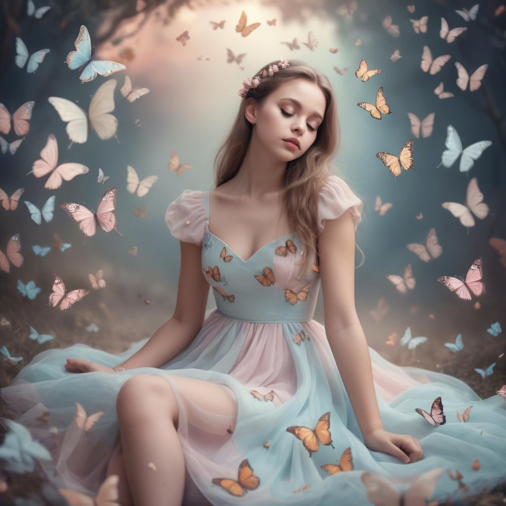 A stunning image of dreamy girl in a pastel dress surrounded by butterflies.