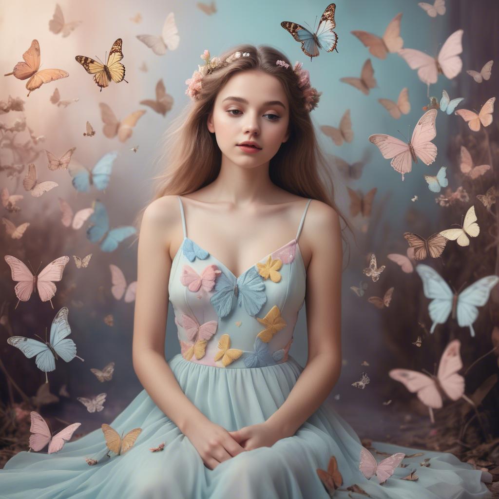 A stunning image of dreamy girl in a pastel dress surrounded by butterflies.