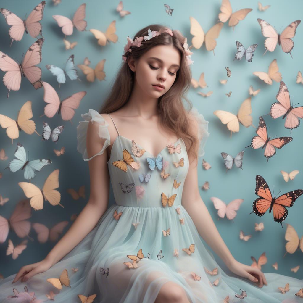 A stunning image of dreamy girl in a pastel dress surrounded by butterflies.