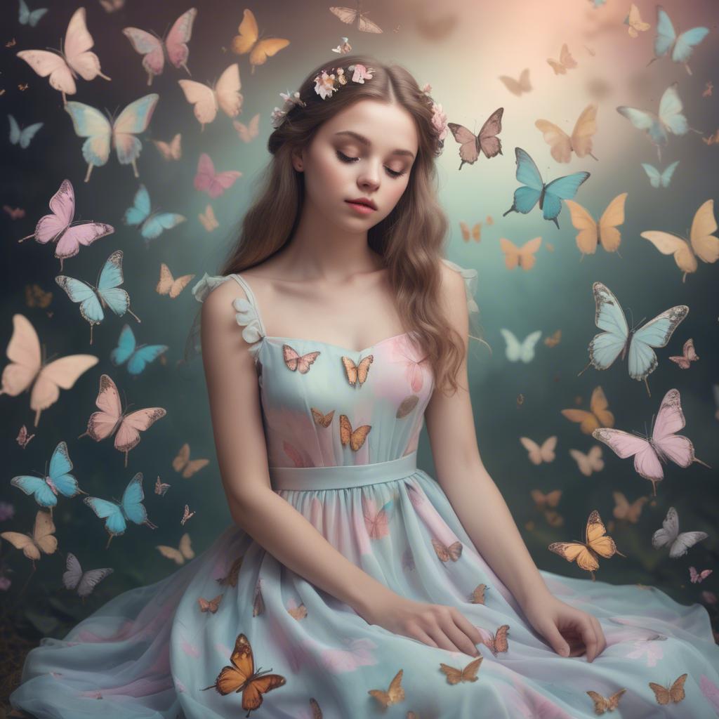 A stunning image of dreamy girl in a pastel dress surrounded by butterflies.