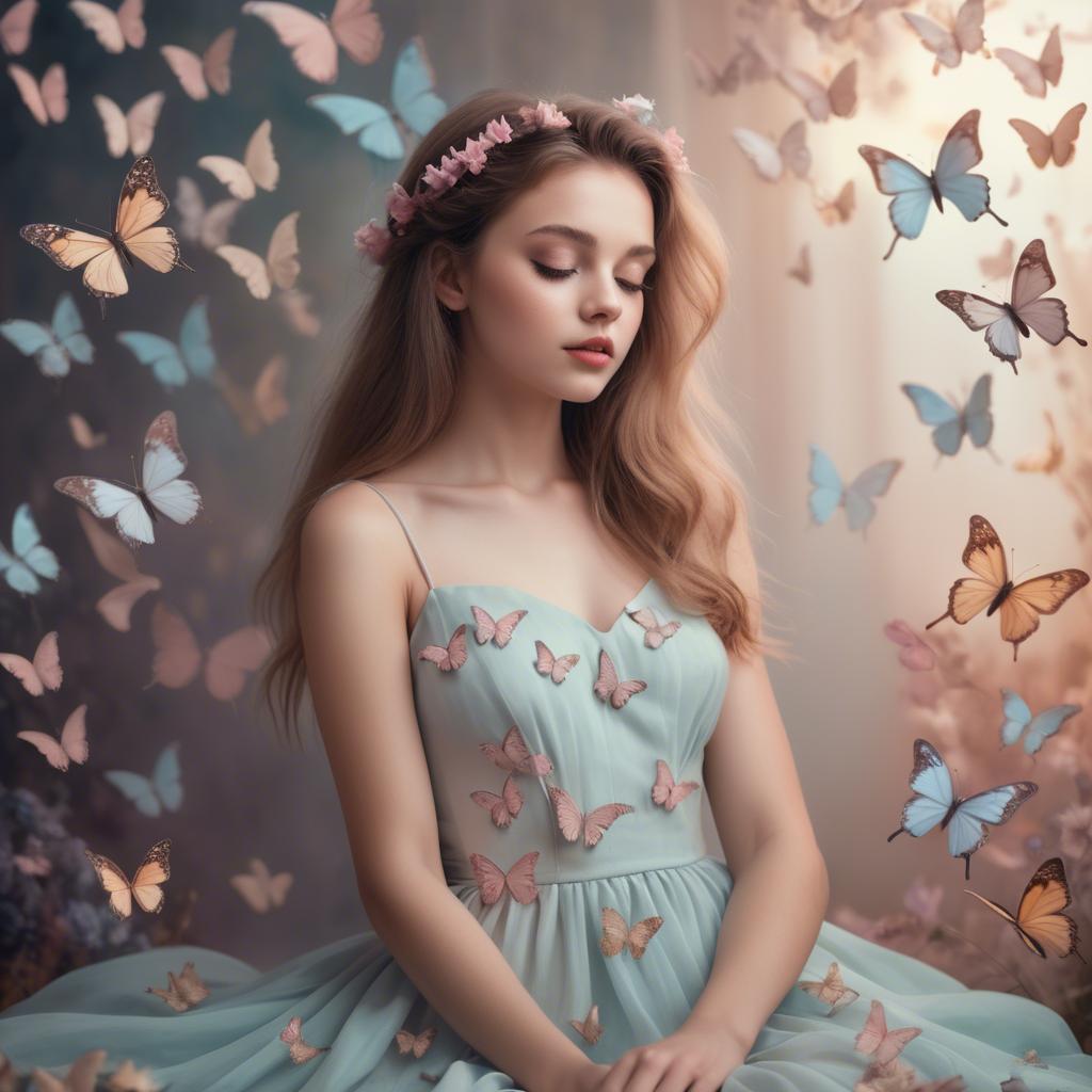 A stunning image of dreamy girl in a pastel dress surrounded by butterflies.