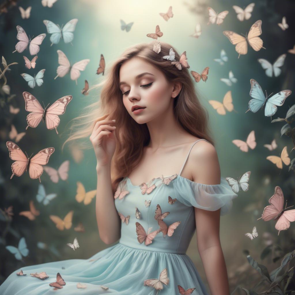A stunning image of dreamy girl in a pastel dress surrounded by butterflies.