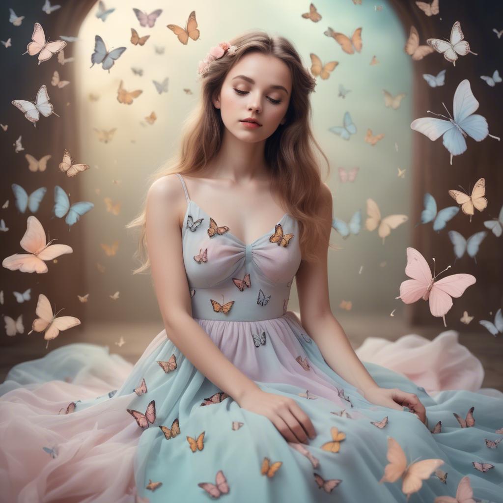 A stunning image of dreamy girl in a pastel dress surrounded by butterflies.
