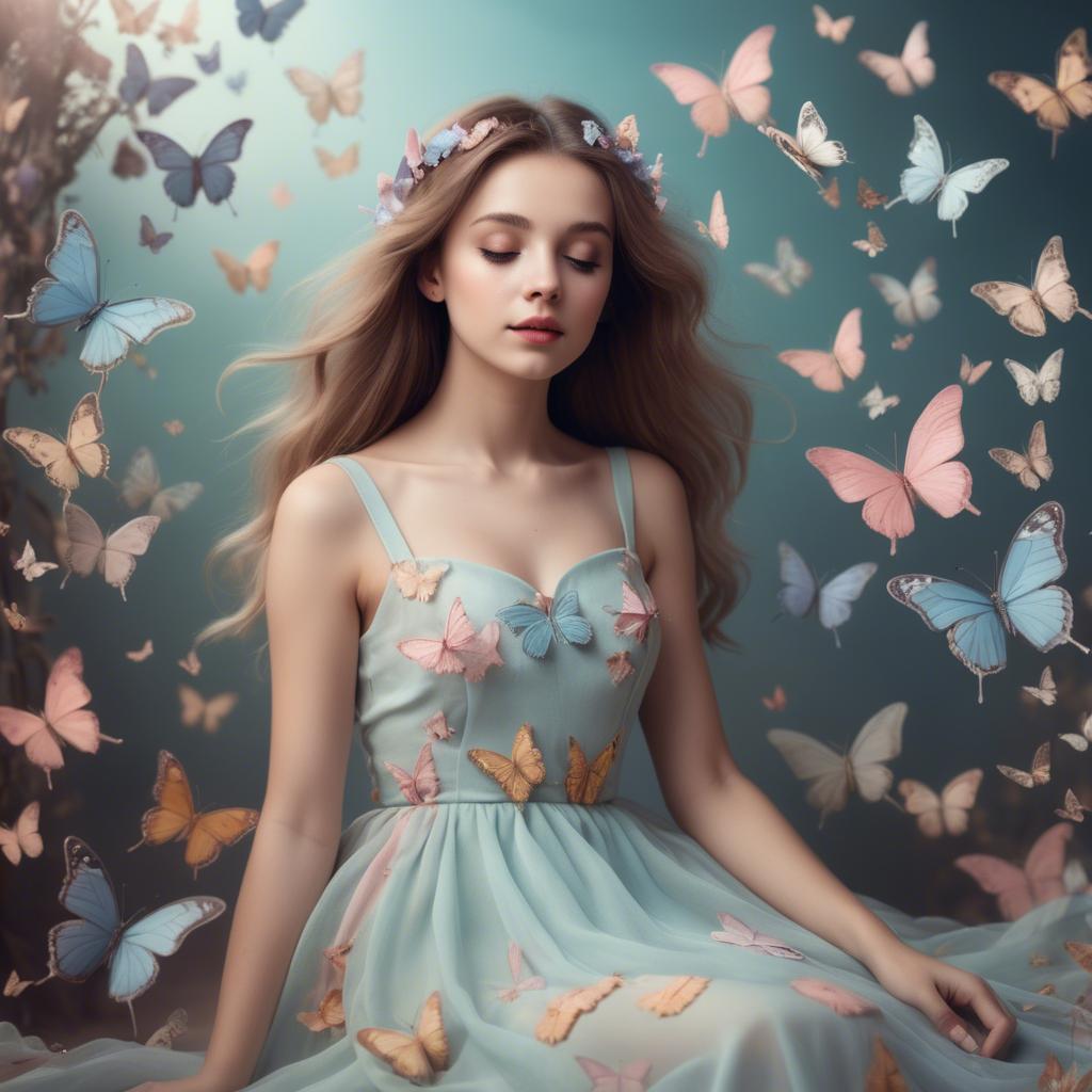 A stunning image of dreamy girl in a pastel dress surrounded by butterflies.