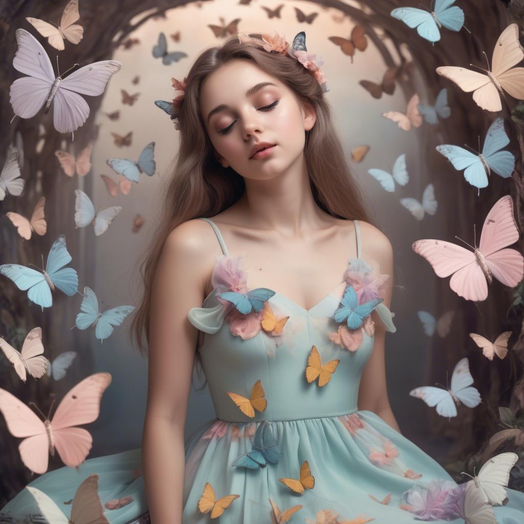 A stunning image of dreamy girl in a pastel dress surrounded by butterflies.