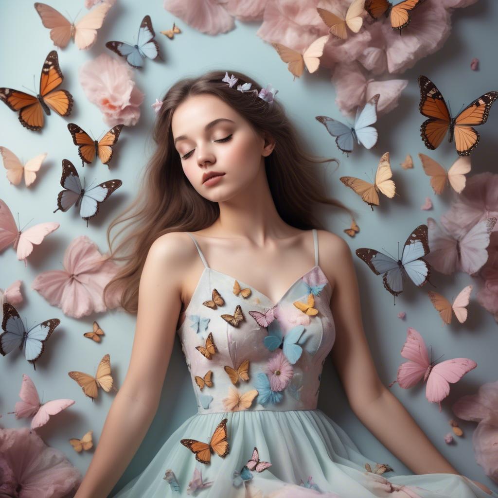 A stunning image of dreamy girl in a pastel dress surrounded by butterflies.