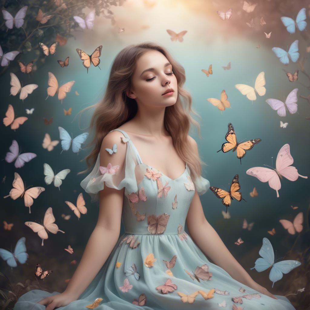A stunning image of dreamy girl in a pastel dress surrounded by butterflies.