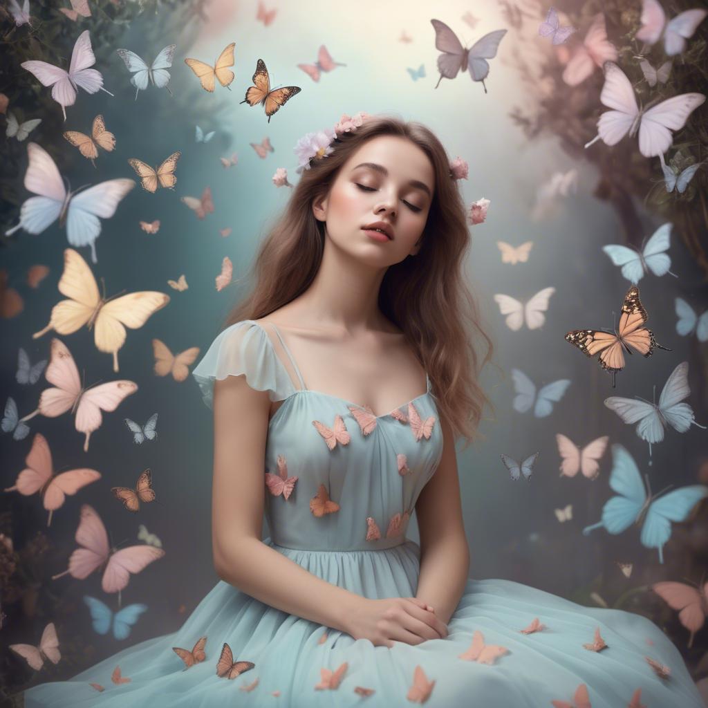 A stunning image of dreamy girl in a pastel dress surrounded by butterflies.