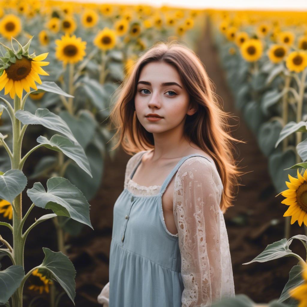 A stunning image of dreamy girl standing in a field of sunflowers.