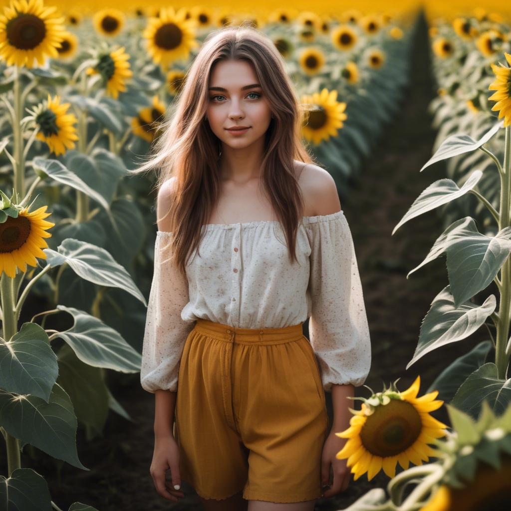 A stunning image of dreamy girl standing in a field of sunflowers.