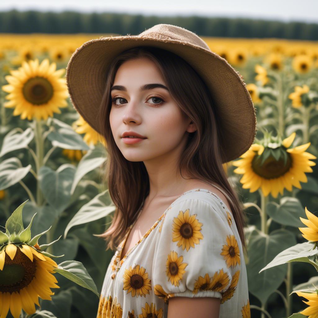 A stunning image of dreamy girl standing in a field of sunflowers.