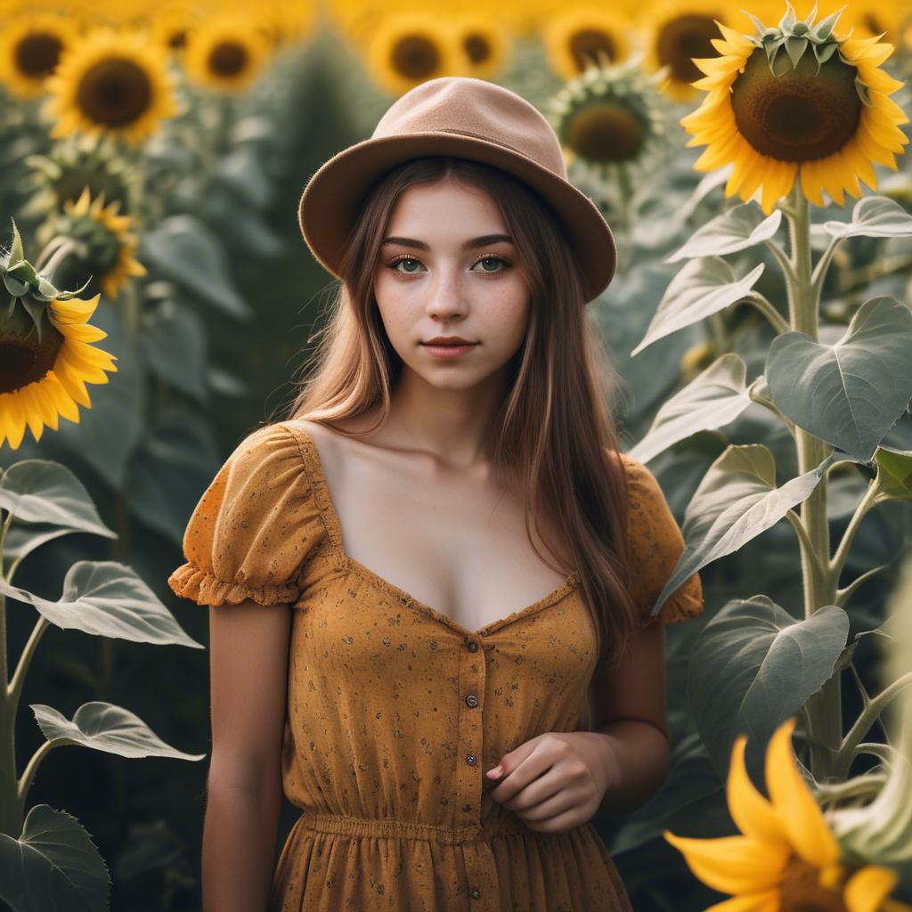 A stunning image of dreamy girl standing in a field of sunflowers.