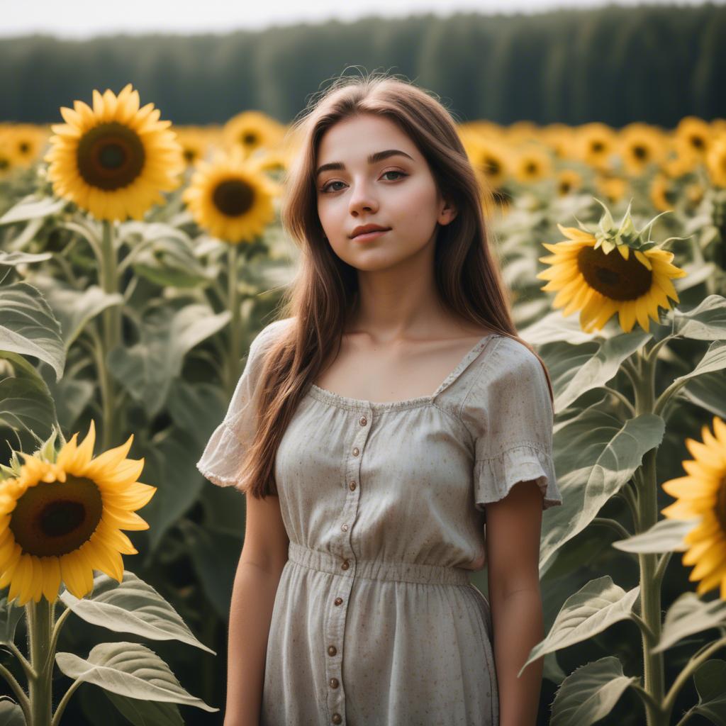 A stunning image of dreamy girl standing in a field of sunflowers.