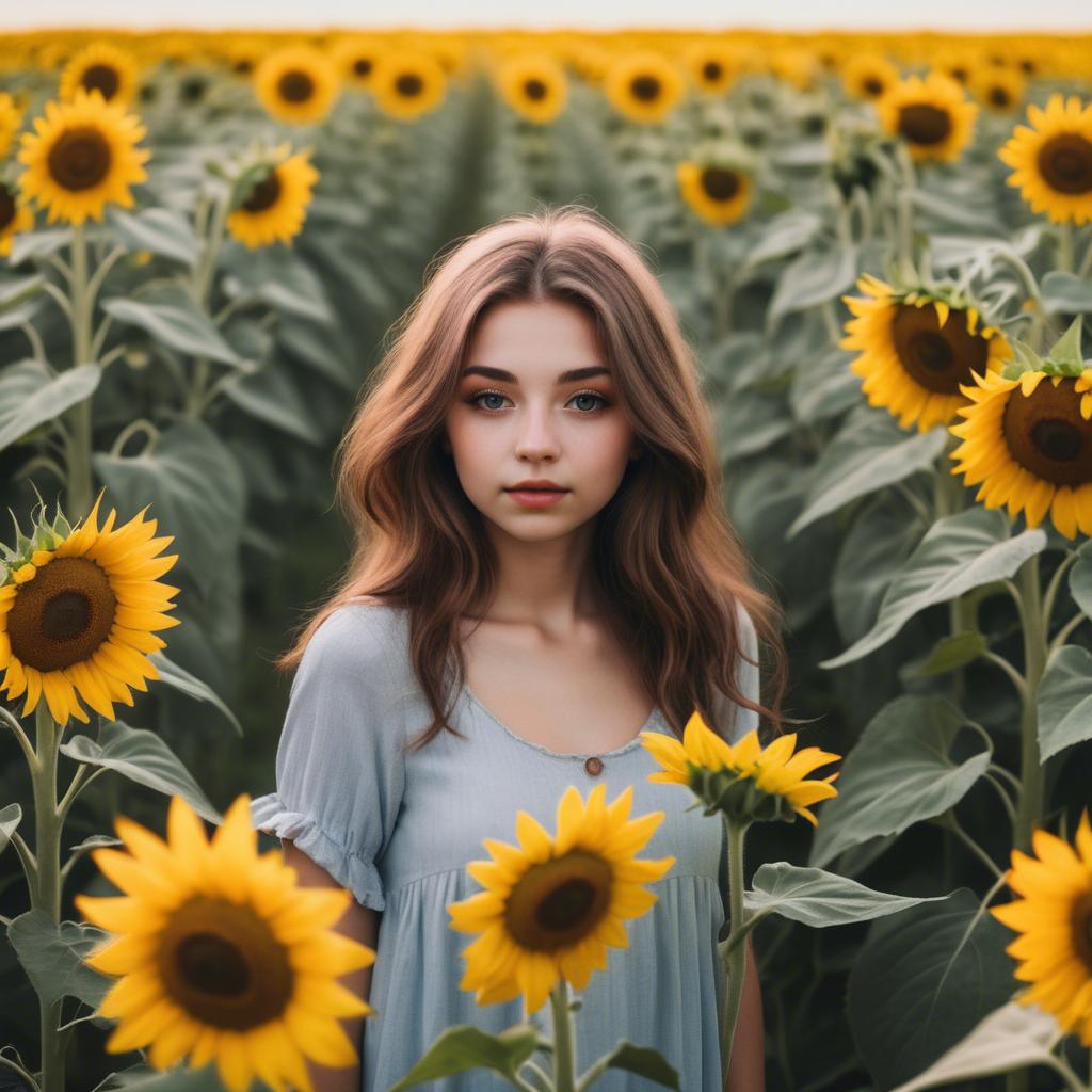 A stunning image of dreamy girl standing in a field of sunflowers.