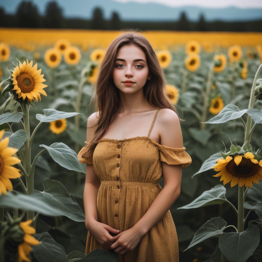 A stunning image of dreamy girl standing in a field of sunflowers.