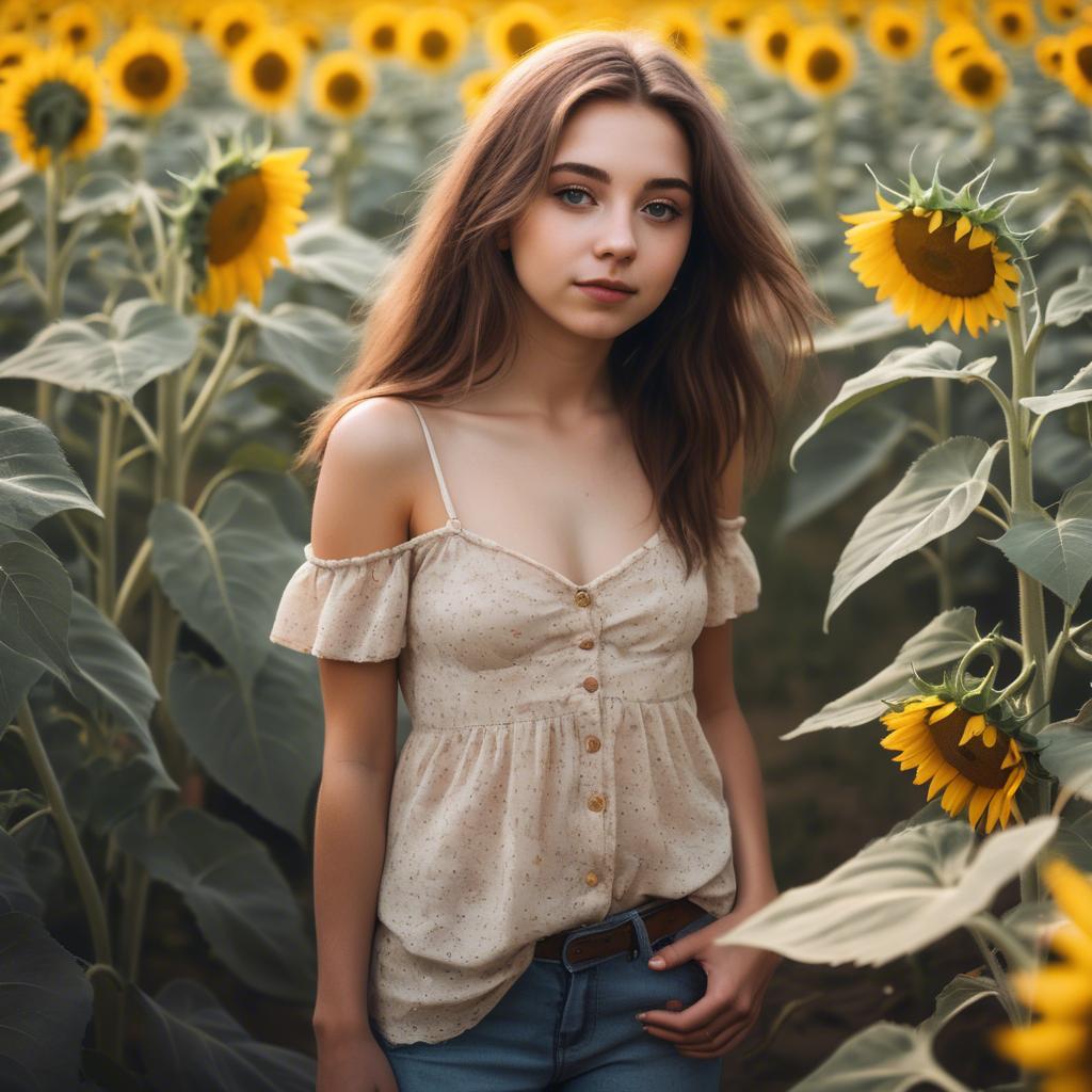 A stunning image of dreamy girl standing in a field of sunflowers.
